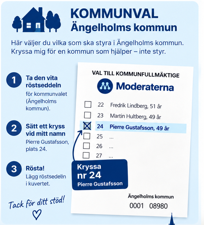 Kommunval: ta den vita röstsedeln och kryssa nr 24, Pierre Gustafsson.