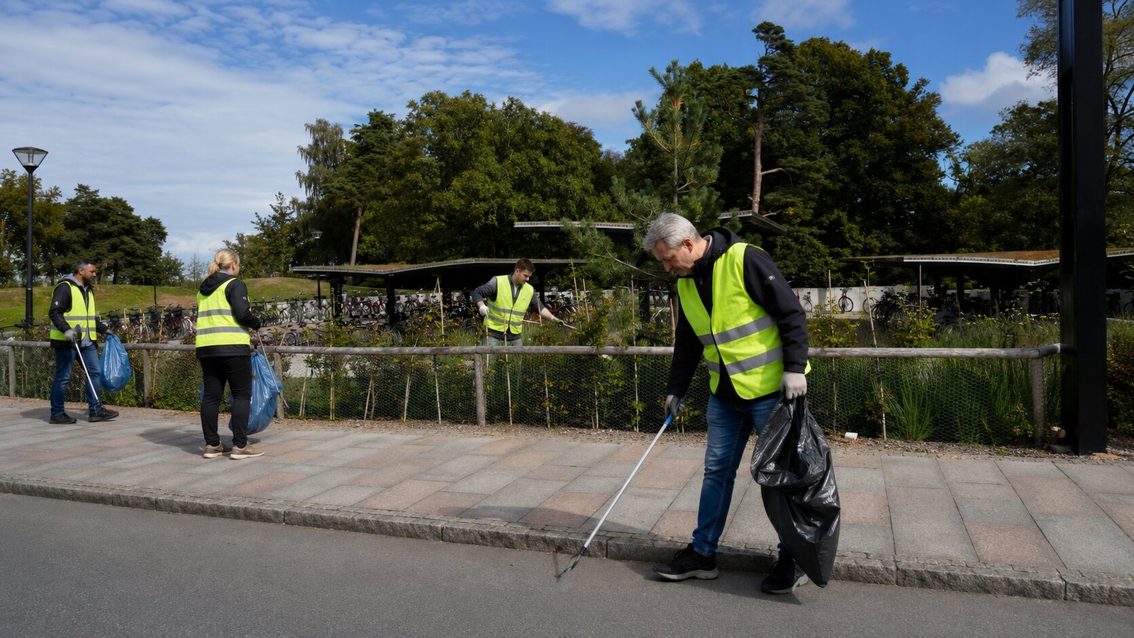 Pierre Gustafsson och volontärer plockar skräp i en park i Ängelholm, iklädda varselvästar.