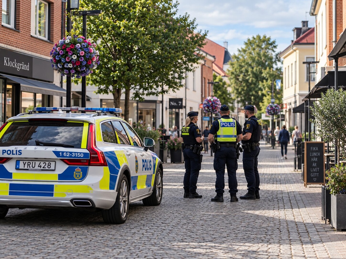Polisbil och poliser på en blomsterprydd gata i centrala Ängelholm.