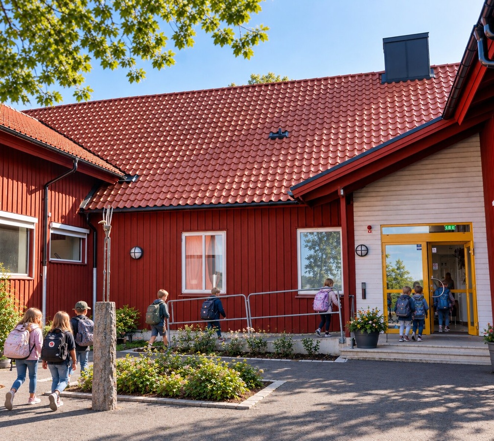 Solig morgon vid en skolentré i Ängelholm.