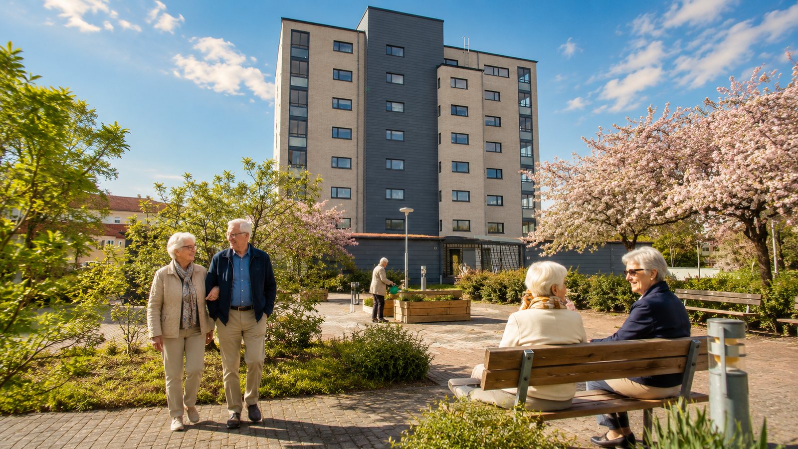 Solbelyst innergård en vårdag vid ett modernt flerbostadshus, med gröna planteringar och sittplatser.