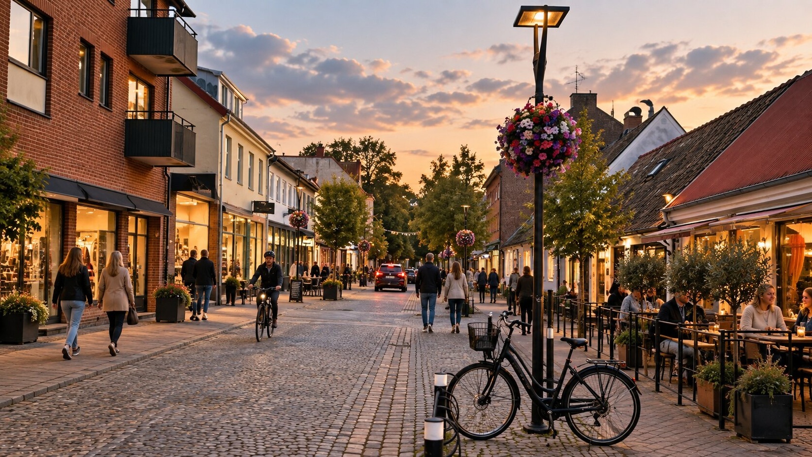En mysig gågata full av liv en kväll i Ängelholms centrum.
